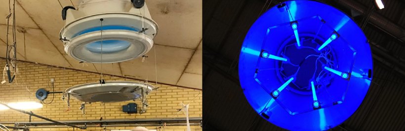 Figura 1. Sistemas UV-C integrados en las entradas de ventilación que irradian el aire antes de entrar a la granja porcina. Izquierda: Entrada de ventilación con tubos UV-C. Derecha: tubos UV-C colocados dentro de la entrada.